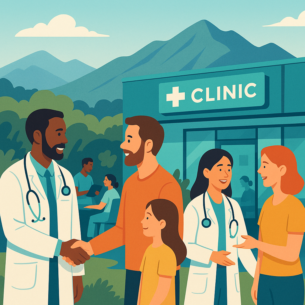 Doctors and community members outside a clinic with mountains in the background