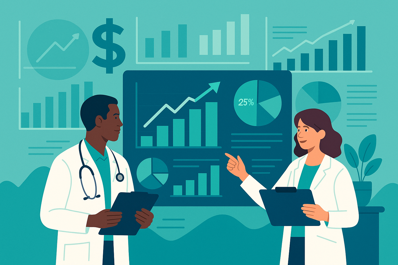 Financial charts with medical professionals analysing data