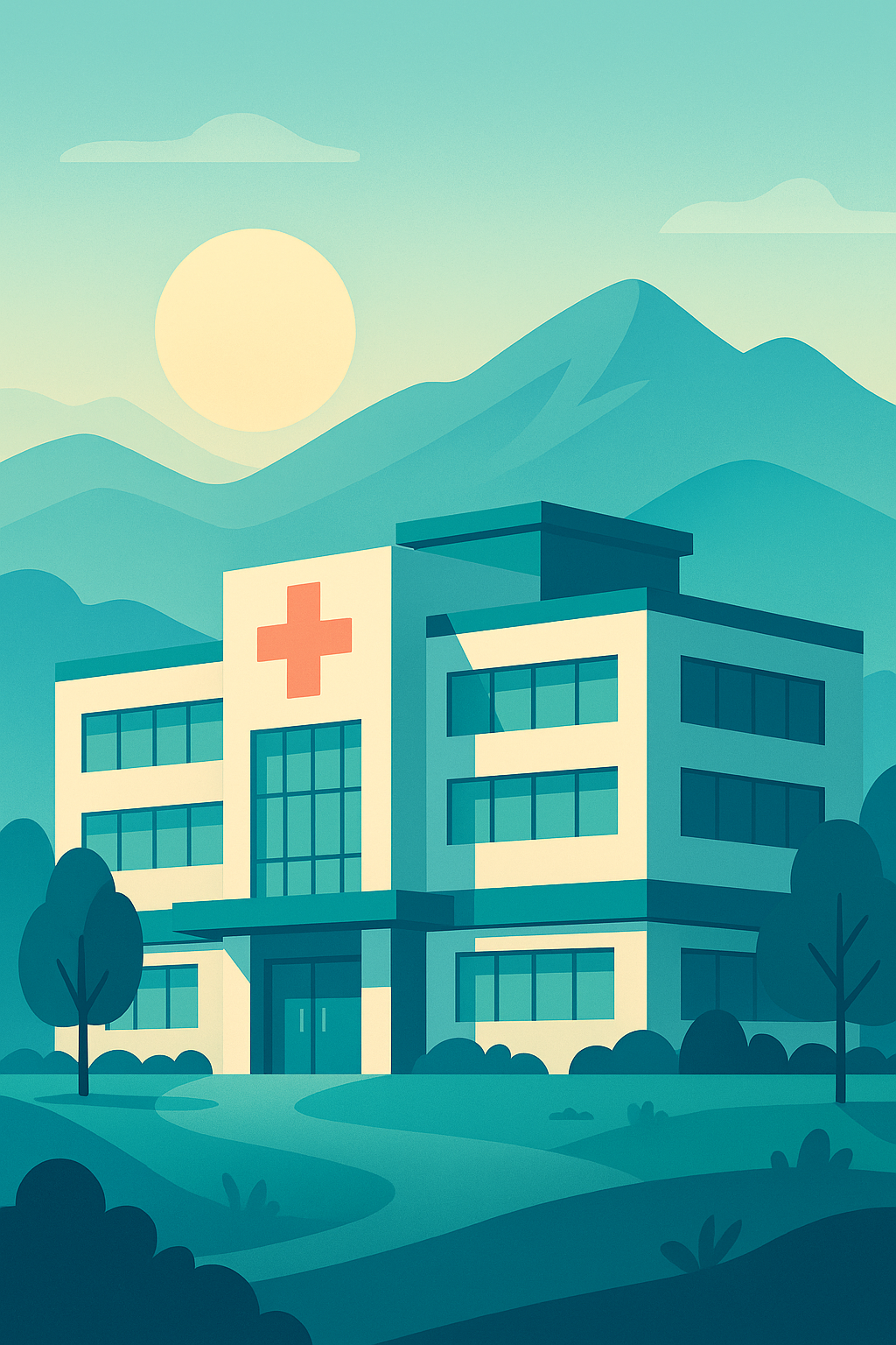 Modern hospital with mountains and cross