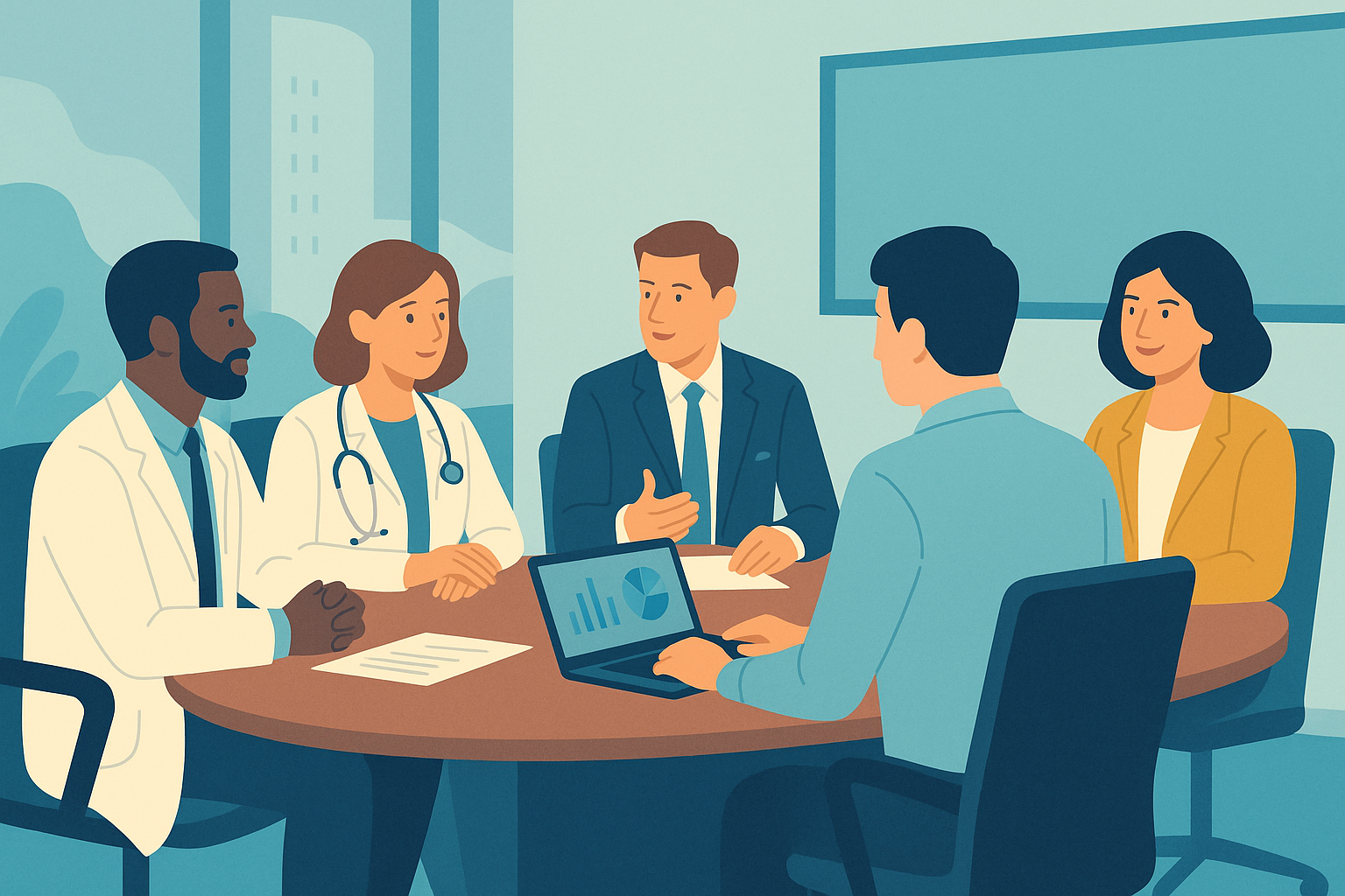 Leadership team discussing strategy and finance around a conference table